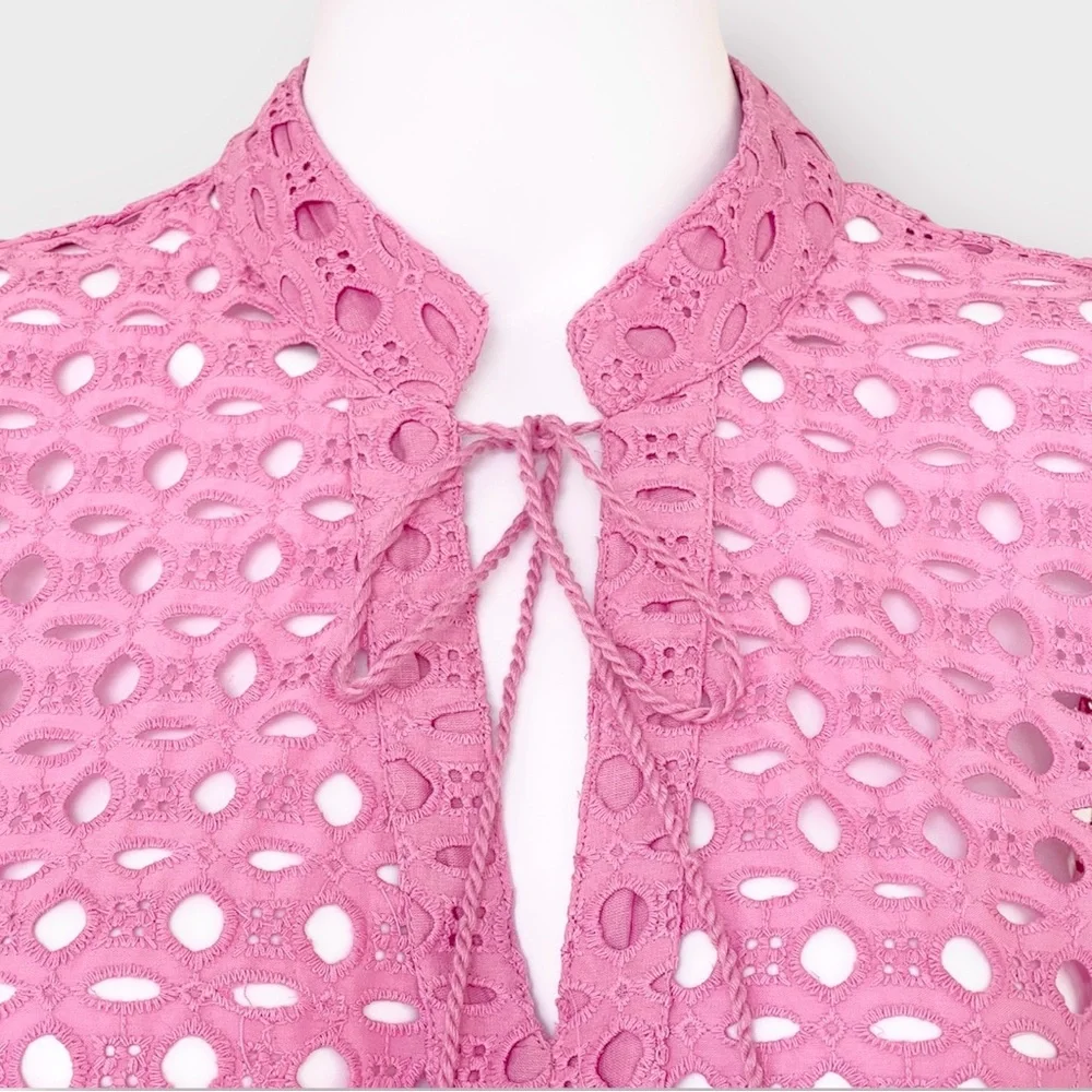 CALYPSO St. Barth Bohemian Linen Eyelet Embroidered Blouse Tie Neck 100% Cotton
